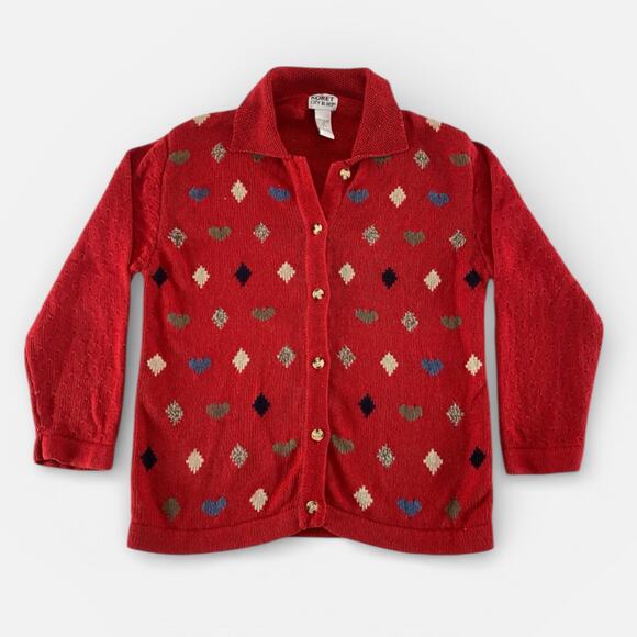 Vintage Twee Hearts Diamonds Wonderland Red Cardigan Sweater Sz Small - Picture 3 of 12